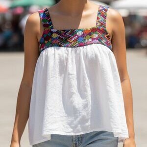 Jen's Pirate Booty Woven Cotton Gauze Handmade Embroidered Tank Blouse M/L